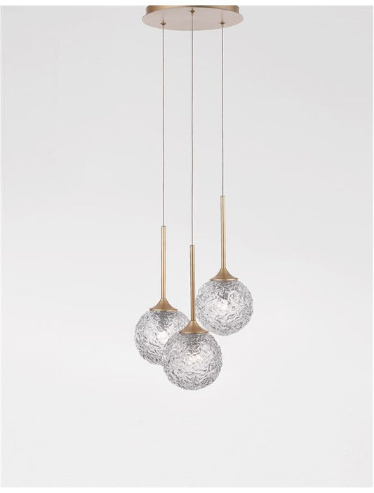 Lampa suspendata MIRANO Clear Structured Glass & Brushed Gold Steel LED G9 3x5 NOVA LUCE