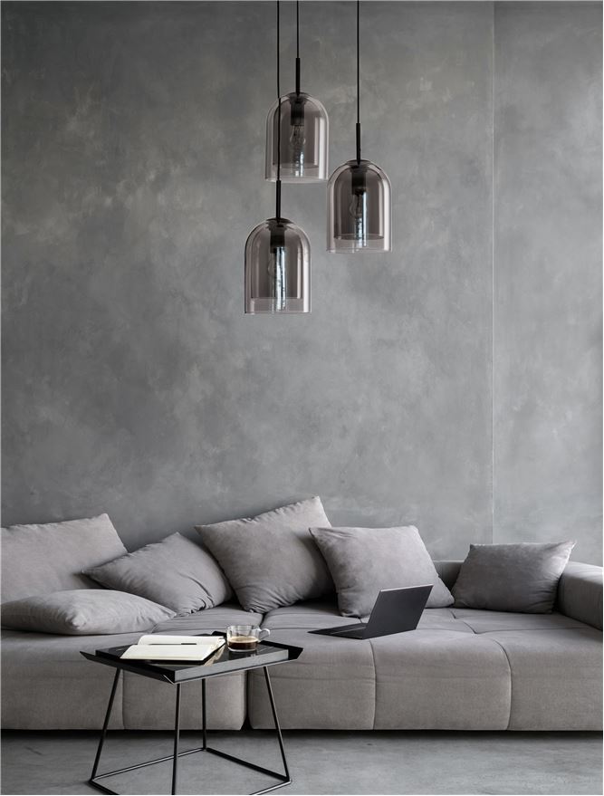 Lampa suspendata VELOR 3 Double Layered Smoky Glass & Black Cord & Black Metal Base Model 1 NOVA LUCE