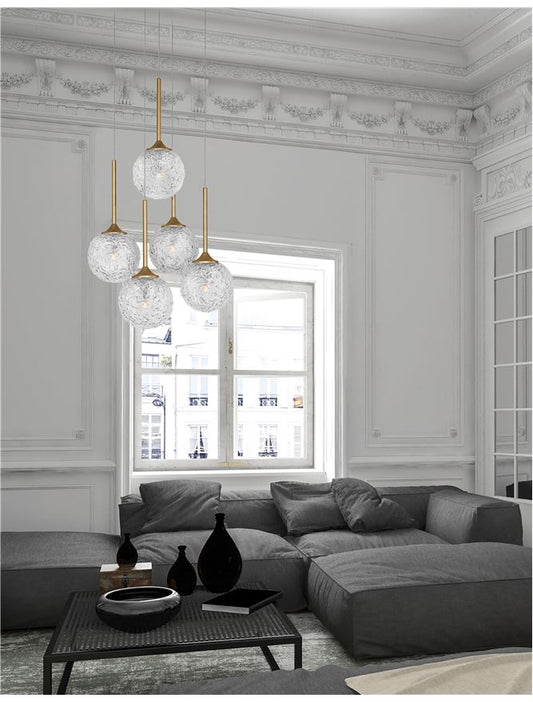 Lampa suspendata MIRANO Clear Structured Glass & Brushed Gold Steel LED G9 5x5 NOVA LUCE