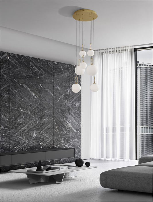 Lampa suspendata HOOK Satin Gold Metal & Opal White Glass 6 NOVA LUCE