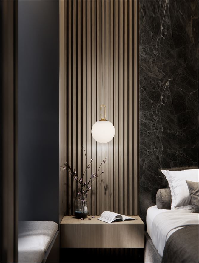 Lampa suspendata HOOK Satin Gold Metal & Acid White Glass NOVA LUCE